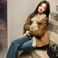 愛麥依2025新款美拉德復(fù)古棕色韓系外套女秋冬加厚短款拼接毛毛上衣棉服 棕色【夾棉加厚】 S 建議105斤以內(nèi)