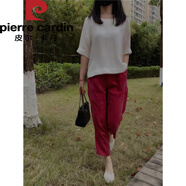 皮爾卡丹2025重磅銅氨絲女褲夏夏季小腳褲雪紡哈倫褲九分休閑褲針織 酒紅色 L 100-110