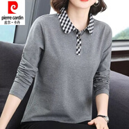 皮爾卡丹（pierre cardin）26年新款純棉長(cháng)袖T恤女春秋新款大尺碼老媽裝POLO領(lǐng)外穿T恤上衣 接拼-灰色 XL 建議105-120斤