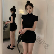 桃伊悠純欲風性感修身短袖高領連衣裙女夏季辣妹短裙緊身收腰氣質包臀裙 黑色 S