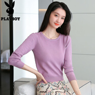花花公子（PLAYBOY）小個(gè)子毛衣女新款時(shí)尚洋氣上衣薄款短裝打底衫2025黑色百搭針織衫 紫色 S