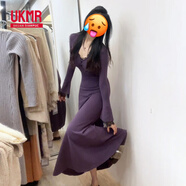 UKMR法式紫色v領(lǐng)針織連衣裙子女春夏季2025新款內(nèi)搭打底修身顯瘦長裙 【紫色】 M 45/55kg