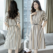 VIAFRR時(shí)尚雪紡優(yōu)雅連衣裙女夏中長(cháng)款新款氣質(zhì)小個(gè)子a字裙條紋收腰名媛 杏色 M