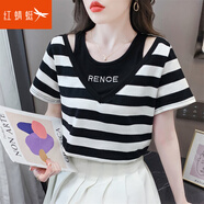 紅蜻蜓（RED DRAGONFLY）拼接假兩件純棉短袖t恤女裝夏裝年新款設計感小眾寬松上衣服 黑白寬條 2XL 適合135-150斤