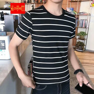 木子勝夏季男士短袖T恤?；晟罈l紋修身衣服半袖束口體恤男潮 黑色 短T 3XL
