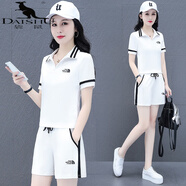 袋鼠（DAISHU）夏季網(wǎng)紅新款女士運動服套裝純棉短袖短褲休閑時尚兩件套爆款洋氣 白色短褲套裝 L(建議100斤-115斤)