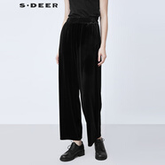 S.DEER圣迪奧2021冬季女裝復(fù)古松緊拼接絲絨直筒黑色長(zhǎng)褲S21480811 黑色/91 L/170