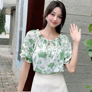 風曉薇一字肩短袖雪紡衫上衣女2024夏季新款露肩碎花法式印花感襯衫 綠色-遮肚子上衣 M -遮肚子上衣