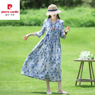 皮爾卡丹（pierre cardin）夏季寬松復古V領(lǐng)抽繩收腰短袖棉麻連衣裙民族風(fēng)中長(cháng)款文藝裙子女 竹葉花 L【95-125斤】