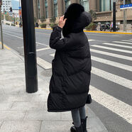 AEMAPE安可拉紅羽絨服女中長(cháng)款2025新款秋冬韓版時(shí)尚氣質(zhì)加厚大毛領(lǐng)外套黑色（不帶毛領(lǐng)）S _（90斤-125斤）