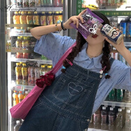 韓秋夢(mèng)夏季套裝日系學(xué)院風(fēng)寬松顯瘦牛仔背帶褲少女學(xué)生日系甜美閨蜜裝 藍色背帶褲 M