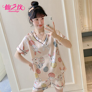仙之儀睡衣女夏季短袖短褲卡通可愛仿真絲休閑韓版冰絲家居服兩件套裝