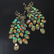 大號歐根紗釘珠孔雀刺繡布貼服裝輔料衣服褲子外套裝飾補丁貼 彩色孔雀一對