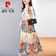 皮爾卡丹波西米亞度假風(fēng)眞絲連衣裙女夏新款高端大牌設計感桑蠶冰沙灘長(cháng)裙 花色 L 105-120斤