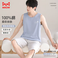 貓人防螨抗菌純棉男士睡衣男夏無袖t恤情侶背心家居服藍(lán)色XL