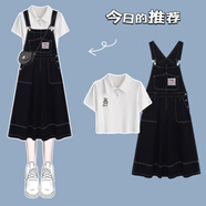 梓洛蘭ZiLuolan牛仔背帶裙套裝2025秋季學(xué)生韓版寬松polo衫上衣+背帶裙 小熊polo衫+黑色背帶裙 M 【建議95-110斤】