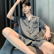 夢(mèng)施黛睡衣男夏季冰絲短袖短褲家居服男士款夏季超薄仿真絲綢套裝 LS灰綠01 XL 建議120-140斤