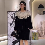 歐洲站絲絨長(cháng)袖連衣裙2024新款蕾絲拼接娃娃領(lǐng)中長(cháng)裙大碼胖mm裙子 黑色【原版精品】 2XL(【建議145-160斤】)