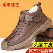蜘蛛王男鞋100真皮新款運動(dòng)休閑鞋耐磨百搭潮流軟底縫制鞋 淺棕色加絨款 6699 42標準皮鞋尺碼