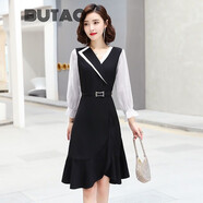 BUTAO黑色V領(lǐng)連衣裙女春秋新款長(cháng)袖收腰修身顯瘦西裝氣質(zhì)裙 灰白色【長(cháng)袖】 2XL 115-125斤