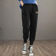 儷纓 加絨運動(dòng)褲女衛褲女2021秋冬新款韓版時(shí)尚寬松氣質(zhì)百搭休閑褲女高腰加厚束腳哈倫褲子女裝潮 黑色常規 XL(建議115-130斤)