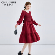 秋水伊人氣質(zhì)拼接針織純色系帶連衣裙春秋新款女裝優(yōu)雅法式方領(lǐng)裙子 棗紅 M