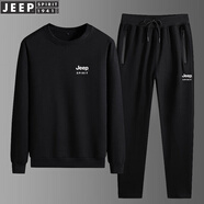 JEEP SPIRIT吉普衛衣男t恤長(cháng)袖褲子男衛衣男春秋運動(dòng)套裝兩件套男裝春裝男裝 黑色-直筒 XL 110-130斤