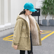 允橘童裝女童外套冬季適合8-15歲小孩子穿的新款中大童兒童女孩棉衣 米色加絨 140建議身高135左右