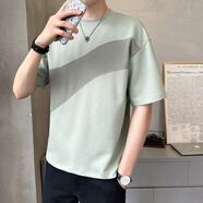 芊旻個性拼接短袖t恤男士新款夏季日系撞色薄款寬松T恤上衣服 薄荷綠 M 115斤以內