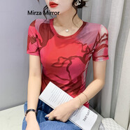 蜜莎蜜拉（Mirza Mirror）印花網(wǎng)紗短袖T恤女2025夏裝新款歐貨時尚修身洋氣別致打底上衣潮 9137# 紅色 S