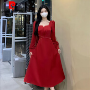 皮爾卡丹2025年秋冬季新款休閑姐妹女裝不規(guī)則長裙顯瘦長袖連衣裙女 紅色 2XL