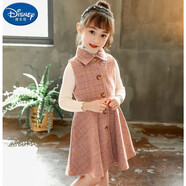 迪士尼（Disney）女童連衣裙春秋冬背心裙童裝中大童格子女孩兒童毛呢馬甲裙洋氣 粉格子毛呢襯衣馬甲 不帶秋衣 100碼建議身高90cm