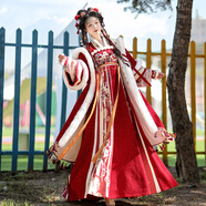 漢虞葵原創(chuàng)齊胸漢服女2024新款冬季加厚加絨斗篷唐制襦裙古裝 靈蛇 紅色 斗篷+齊胸裙+對襟上衣 XL