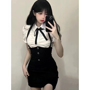 TCMUH背帶裙夏季jk制服掛脖背帶連衣裙白色收腰襯衫女欲辣妹包臀裙背帶 襯衫+背帶裙 XL