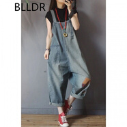 BLLDR潮牌休閑復古貼布牛仔背帶褲女2023春夏新款寬松顯瘦吊帶連體褲子 藍色 M【100-120斤】