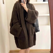 北杳粗線毛衣開衫美拉德中長款寬松女秋冬加厚顯瘦小個子寬松慵懶風(fēng) 咖啡色-優(yōu)質(zhì)版)-高級感超好看/ L -建議100-120斤)