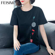 FEISIMI輕奢品牌短袖t恤女衣服女裝休閑夏季新款2025夏裝服飾寬松上衣 黑色 4XL