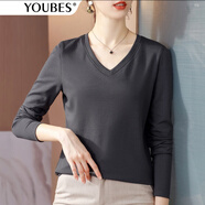 優(yōu)貝爾斯（YOUBES）80支雙面絲光棉T恤女長(cháng)袖春秋款百搭純色打底衫女內搭外穿女上衣 鉆石灰V領(lǐng) XL碼(110-120斤)