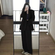 GARNUO灰色小西裝外套女兩件套裝2025春秋新款小個子高級感寬松休閑西服 黑色套裝【西裝+褲子】 XL 【131-150斤】