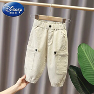 迪士尼（Disney）男童褲子春秋款兒童工裝褲2024新款小童男孩寶寶寬松哈倫褲3到6歲 米白色 90