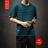 【肥仔240斤超大碼5XL】胖人橫條紋短袖T恤男加肥大碼潮流青年寬松圓領(lǐng)棉半袖薄款?；?藏青色 L 120-130斤