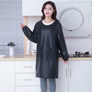 時(shí)尚長(cháng)袖皮革圍裙防水防油反穿衣軟皮倒褂罩衣女男工作家用廚房 黑色普通袖口款