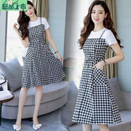 艾妃琳吊帶格子連衣裙女2025夏新款修身顯瘦收腰中長(cháng)款休閑假兩件A字裙 黑白格子 L 建議100-115斤