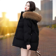 俏婷朵白鴨絨羽絨服女短款2024年冬季新款小個子中長寬松加厚外套派克服 黑色-環(huán)保貉子毛 M 推薦（100-115體重）