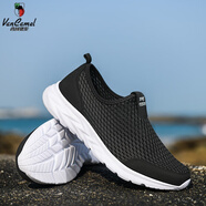 西域駱駝（VANCAMEL）男士夏季網(wǎng)面透氣鞋休閑運動網(wǎng)眼男鞋跑步軟底薄款網(wǎng)鞋一腳蹬布鞋 黑白 40