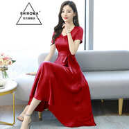 SHIROMA女士闊太太醋酸緞面v領(lǐng)連衣裙長款夏季洋氣顯瘦減齡款 酒紅色 L