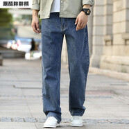 潮酷胖胖熊 牛仔褲男無(wú)彈耐磨棉寬松直筒褲 秋冬款復古文藝中高腰大碼牛仔褲 深藍色 29