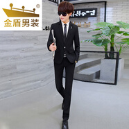 金盾（JINDUN）  西服男2024單西男韓版修身小西裝男裝外套男休閑上衣小西服套裝 黑色套裝+襯衫08 2XL -（140-150斤）