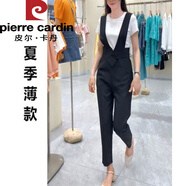 皮爾卡丹背帶褲女2025秋季新款感連體褲顯瘦九分小腳褲哈倫西裝褲子針織 黑色背帶褲夏季薄款版 2XL 建議125~135斤