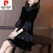 皮爾卡丹2025春秋新款連衣裙女裝赫本風(fēng)小黑裙遮肚顯瘦洋氣金絲絨氣質(zhì)減齡 C57-M-黑色 M 【建議85-110斤】